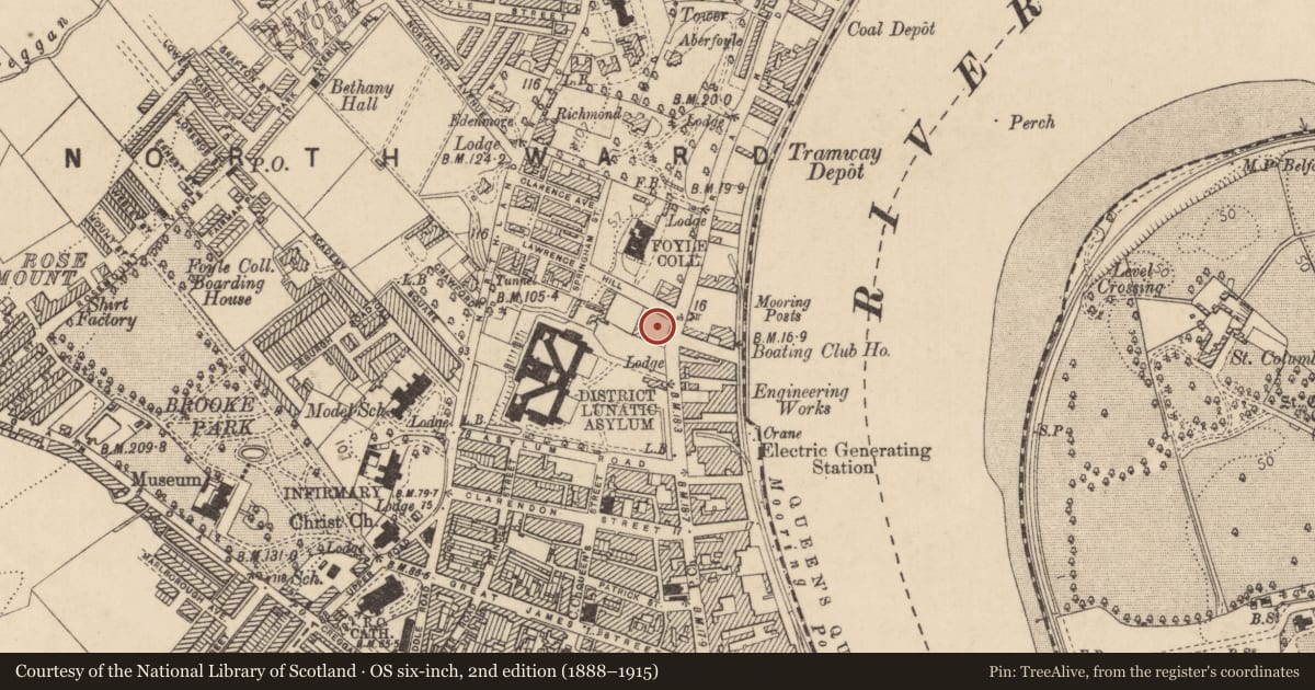 Ordnance Survey six-inch map, 2nd edition (1888–1915) covering the location of Technical College, Edenballymore, Derry City and Strabane, with a pin at the register's coordinates