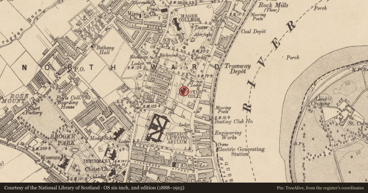 Ordnance Survey six-inch map, 2nd edition (1888–1915) covering the location of Old Foyle College, Derry City and Strabane, with a pin at the register's coordinates