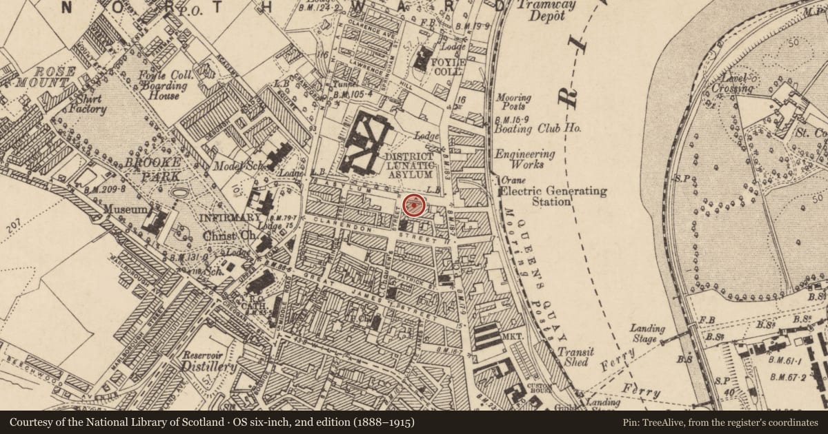 Ordnance Survey six-inch map, 2nd edition (1888–1915) covering the location of 3 Bayview Terrace, Edenballymore, Derry City and Strabane, with a pin at the register's coordinates