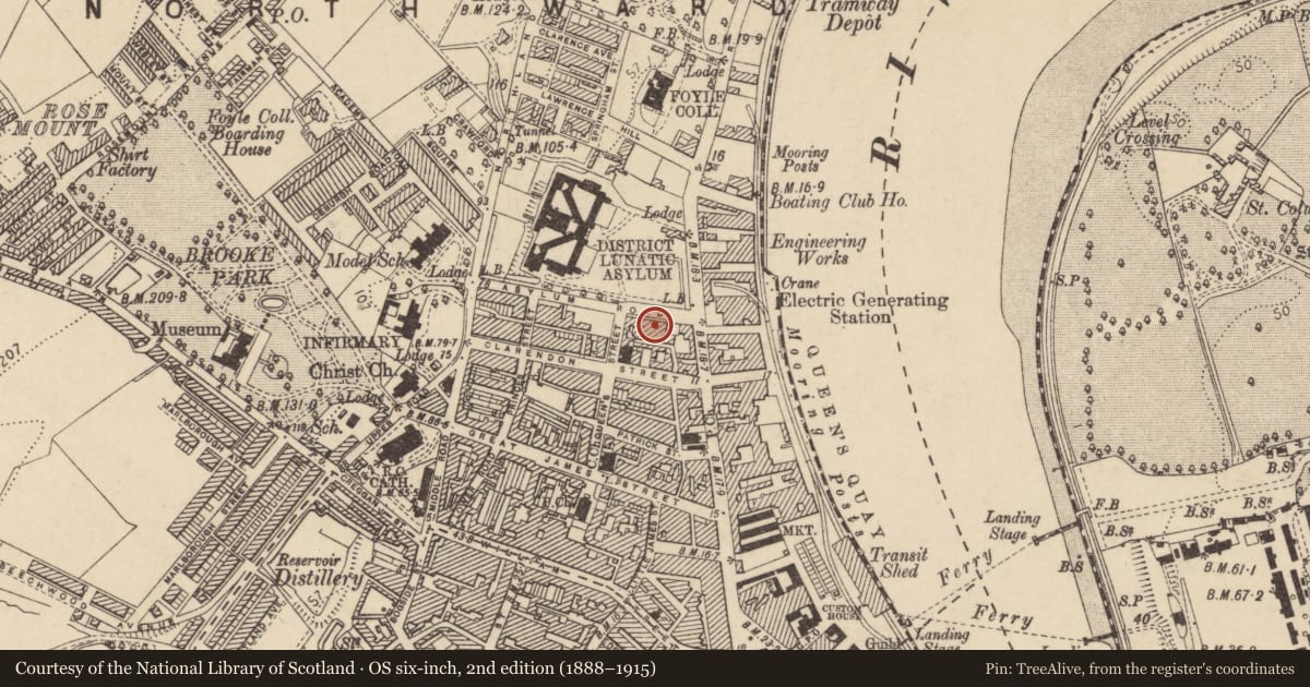 Ordnance Survey six-inch map, 2nd edition (1888–1915) covering the location of 5 Bayview Terrace, Edenballymore, Derry City and Strabane, with a pin at the register's coordinates
