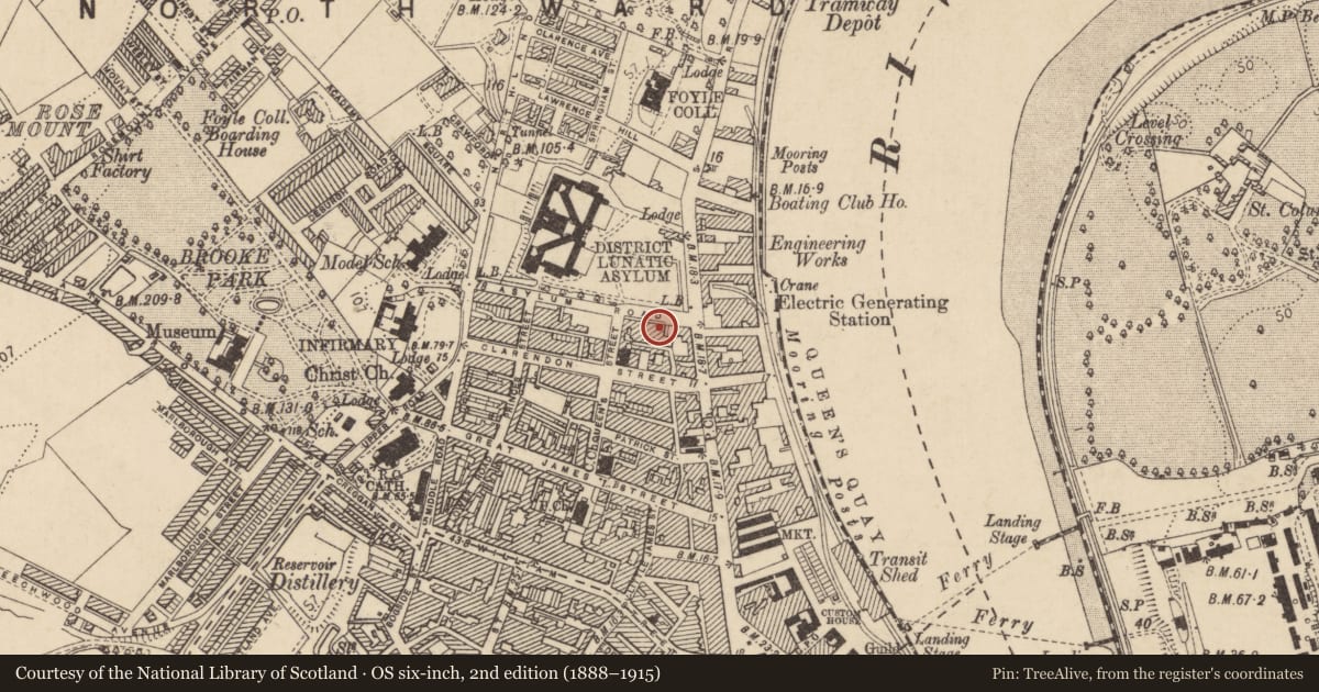 Ordnance Survey six-inch map, 2nd edition (1888–1915) covering the location of 6 Bayview Terrace, Edenballymore, Derry City and Strabane, with a pin at the register's coordinates