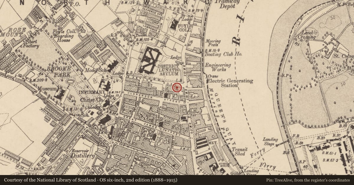 Ordnance Survey six-inch map, 2nd edition (1888–1915) covering the location of 7 Bayview Terrace, Edenballymore, Derry City and Strabane, with a pin at the register's coordinates