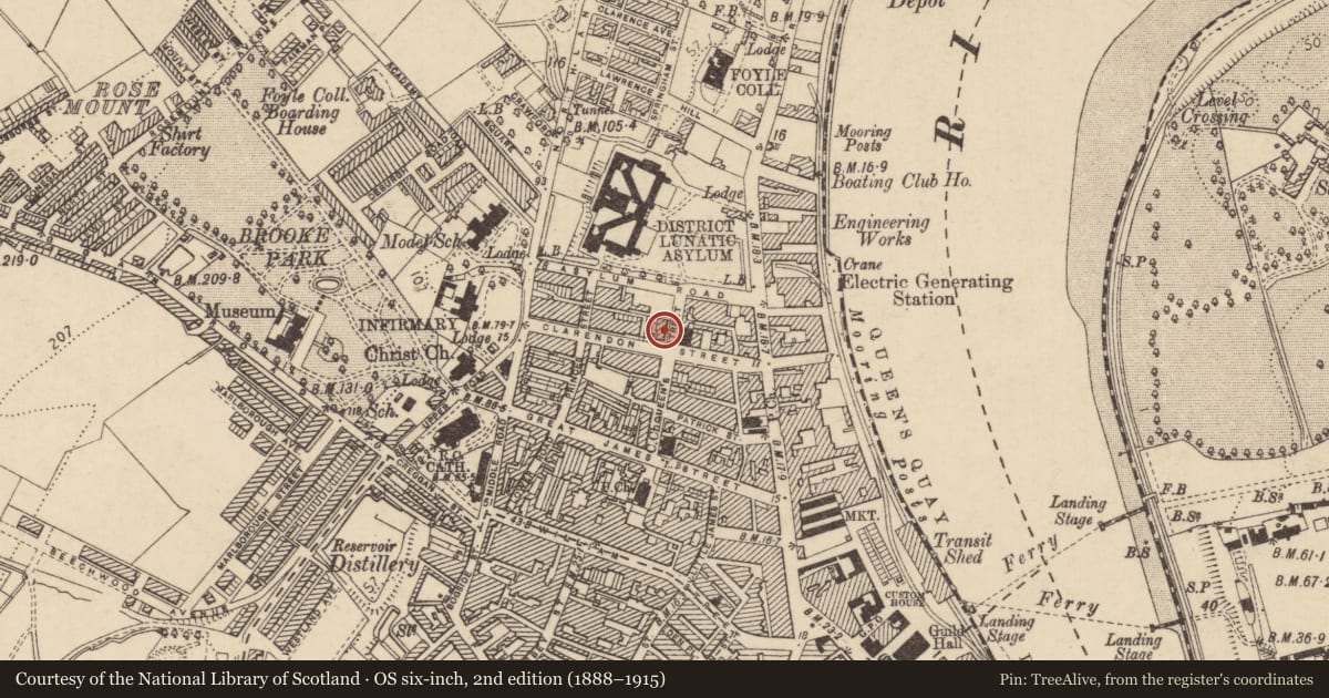 Ordnance Survey six-inch map, 2nd edition (1888–1915) covering the location of 14 Queen'S St., Edenballymore, Derry City and Strabane, with a pin at the register's coordinates