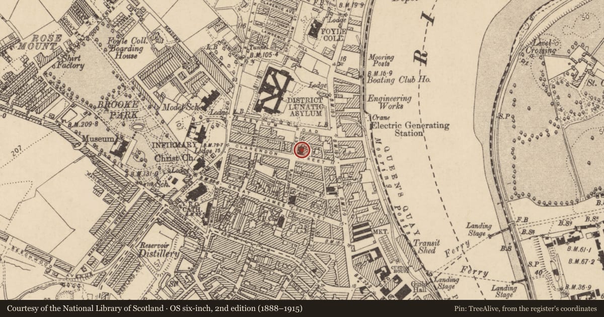 Ordnance Survey six-inch map, 2nd edition (1888–1915) covering the location of Former Reformed Presbyterian Church Clarendon St., Edenballymore, Derry City and Strabane, with a pin at the register's coordinates