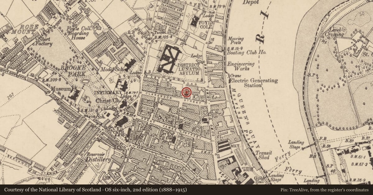 Ordnance Survey six-inch map, 2nd edition (1888–1915) covering the location of Former Manse, Edenballymore, Derry City and Strabane, with a pin at the register's coordinates