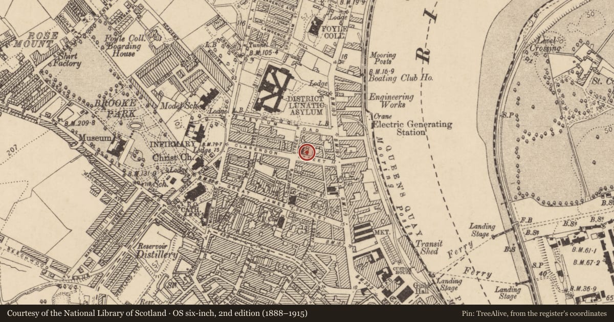 Ordnance Survey six-inch map, 2nd edition (1888–1915) covering the location of 1-2 Clarendon Terrace, Edenballymore, Derry City and Strabane, with a pin at the register's coordinates