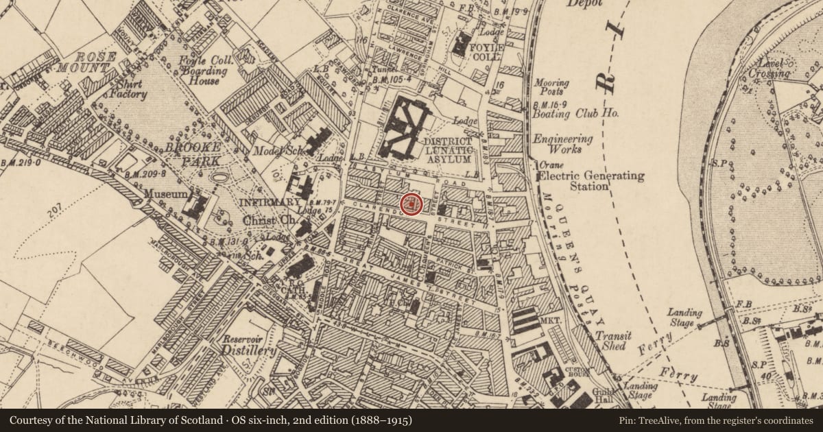 Ordnance Survey six-inch map, 2nd edition (1888–1915) covering the location of 8 Clarendon Street, Edenballymore, Derry City and Strabane, with a pin at the register's coordinates