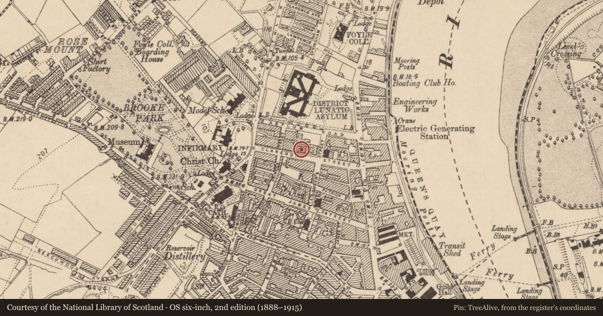 Ordnance Survey six-inch map, 2nd edition (1888–1915) covering the location of 10 Clarendon Street, Edenballymore, Derry City and Strabane, with a pin at the register's coordinates