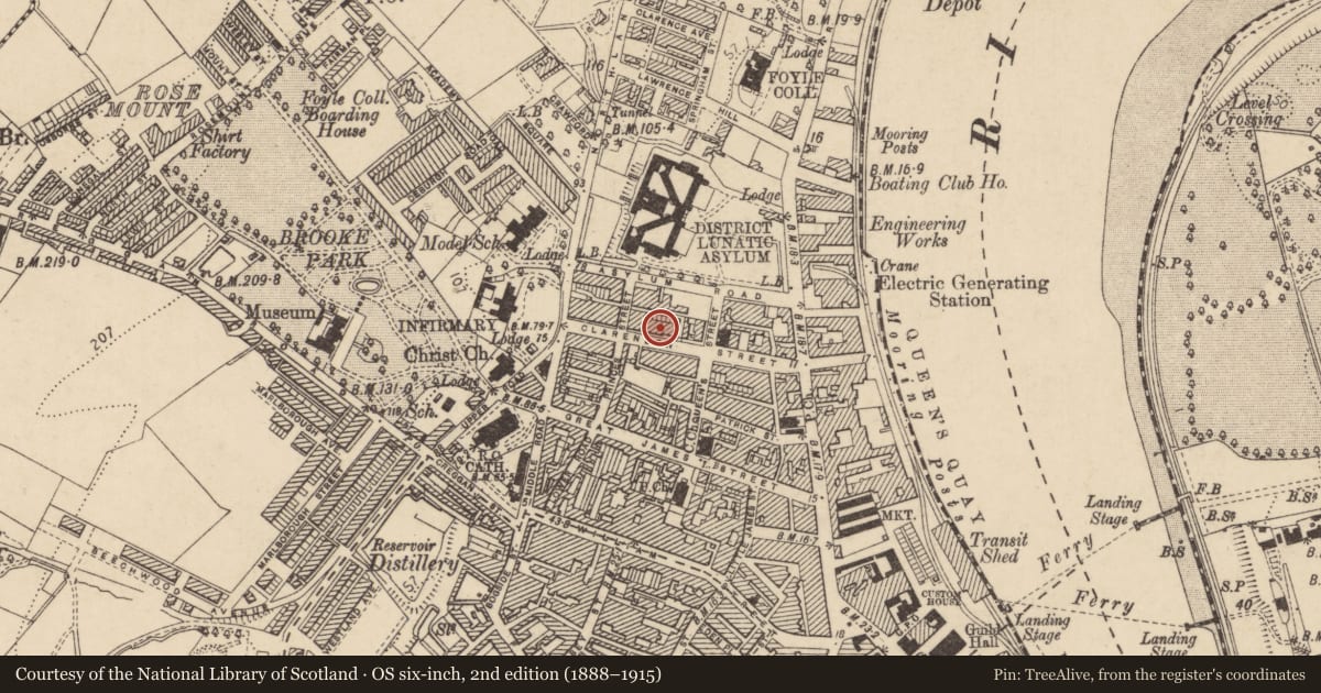 Ordnance Survey six-inch map, 2nd edition (1888–1915) covering the location of 14 Clarendon Street, Edenballymore, Derry City and Strabane, with a pin at the register's coordinates