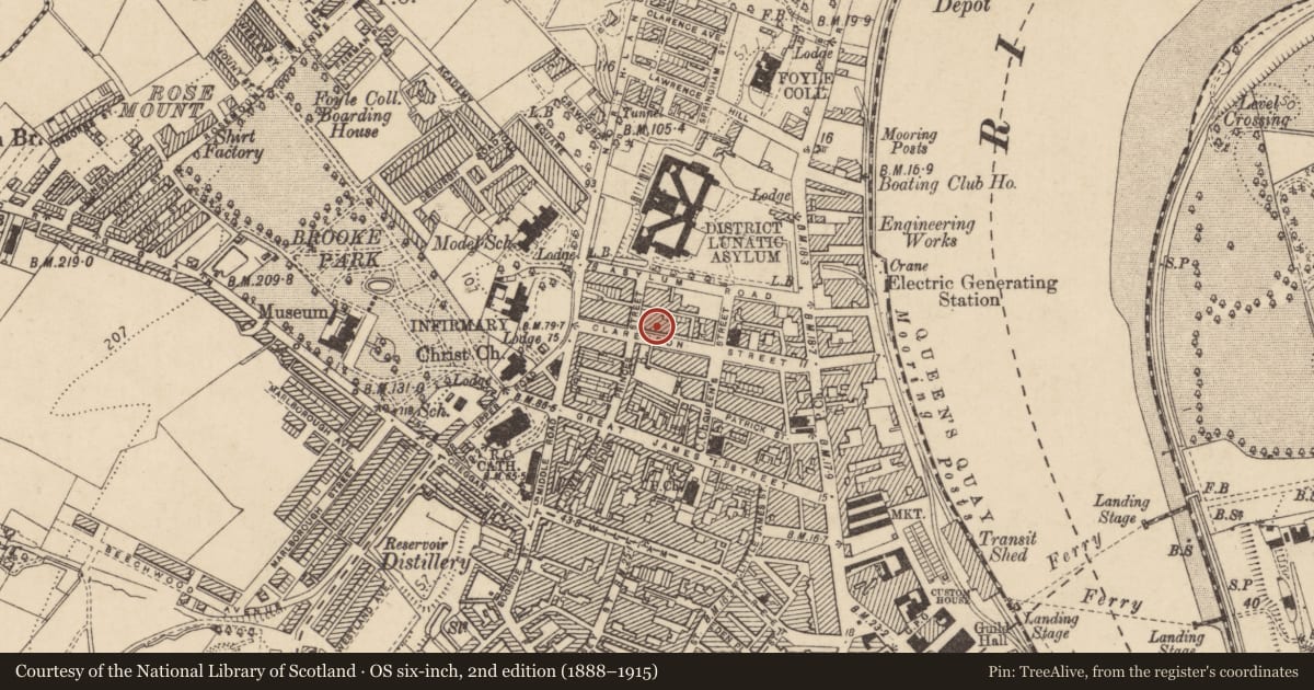Ordnance Survey six-inch map, 2nd edition (1888–1915) covering the location of 20 Clarendon Street, Edenballymore, Derry City and Strabane, with a pin at the register's coordinates