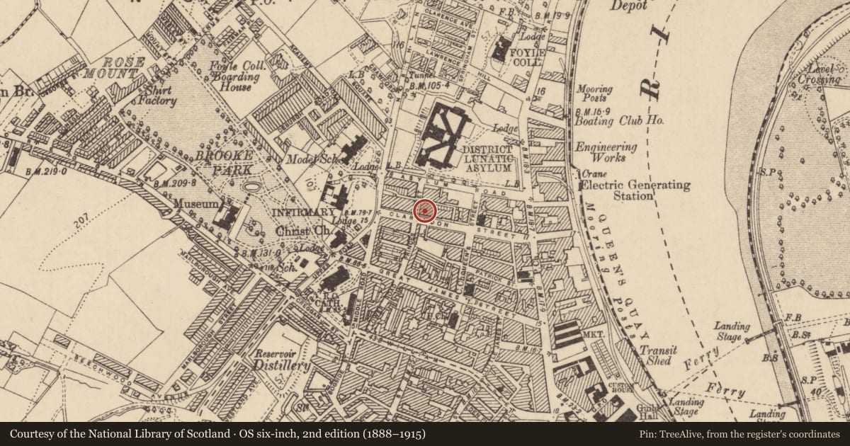 Ordnance Survey six-inch map, 2nd edition (1888–1915) covering the location of 24 Clarendon Street, Edenballymore, Derry City and Strabane, with a pin at the register's coordinates
