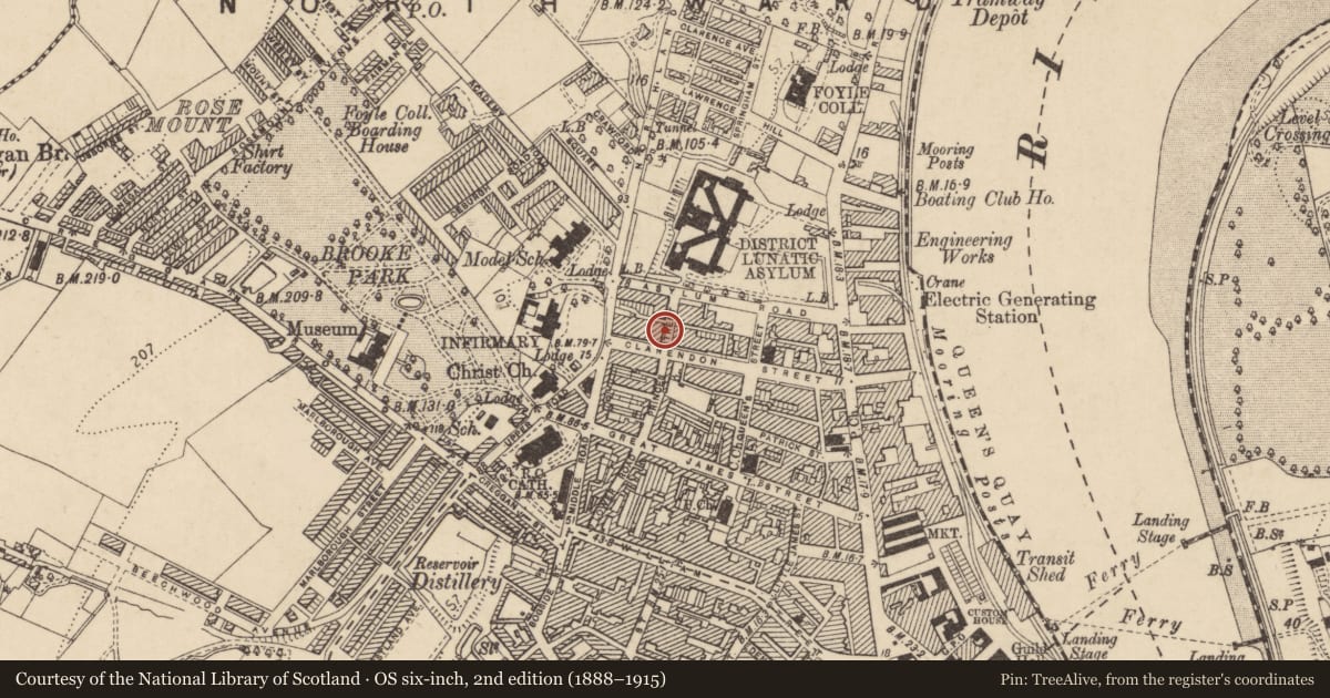 Ordnance Survey six-inch map, 2nd edition (1888–1915) covering the location of 28 Clarendon Street, Edenballymore, Derry City and Strabane, with a pin at the register's coordinates