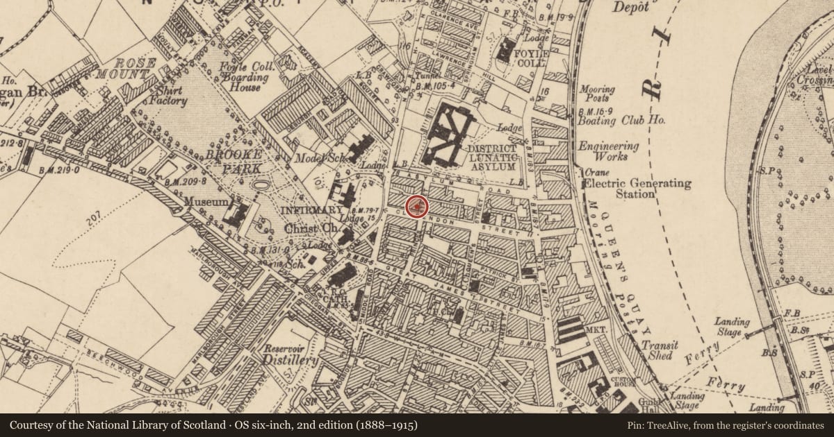 Ordnance Survey six-inch map, 2nd edition (1888–1915) covering the location of 30 Clarendon Street, Edenballymore, Derry City and Strabane, with a pin at the register's coordinates