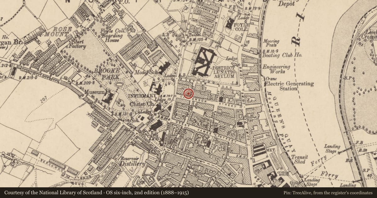 Ordnance Survey six-inch map, 2nd edition (1888–1915) covering the location of 32 Clarendon Street, Edenballymore, Derry City and Strabane, with a pin at the register's coordinates
