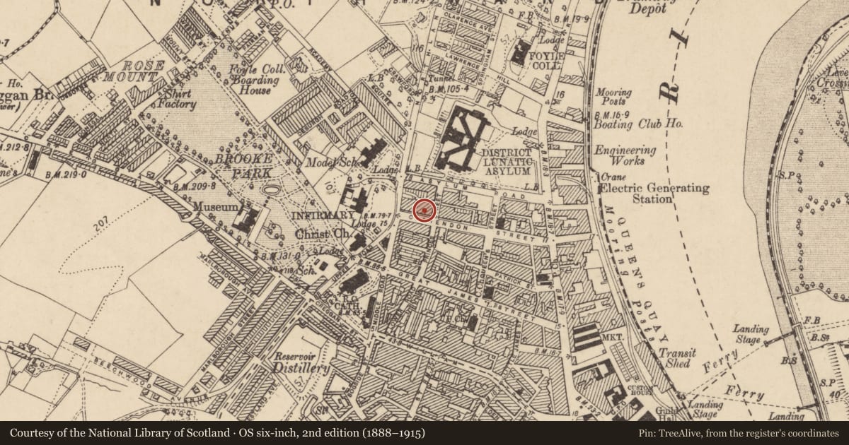 Ordnance Survey six-inch map, 2nd edition (1888–1915) covering the location of 34 Clarendon Street, Edenballymore, Derry City and Strabane, with a pin at the register's coordinates