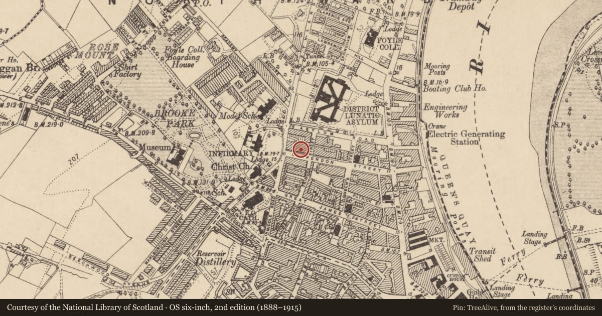 Ordnance Survey six-inch map, 2nd edition (1888–1915) covering the location of 36 Clarendon Street, Edenballymore, Derry City and Strabane, with a pin at the register's coordinates