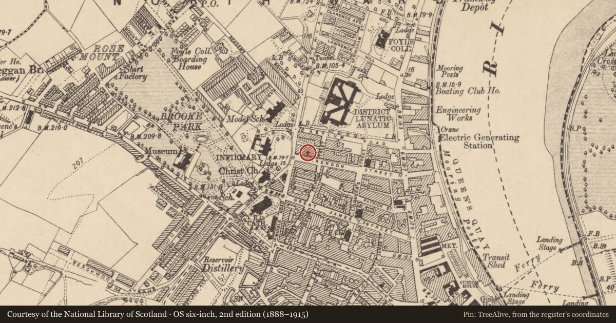Ordnance Survey six-inch map, 2nd edition (1888–1915) covering the location of 38 Clarendon Street, Edenballymore, Derry City and Strabane, with a pin at the register's coordinates