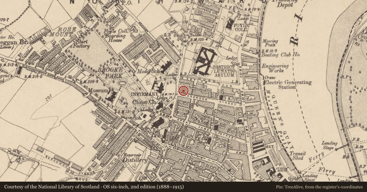 Ordnance Survey six-inch map, 2nd edition (1888–1915) covering the location of 42 Clarendon Street, Edenballymore, Derry City and Strabane, with a pin at the register's coordinates