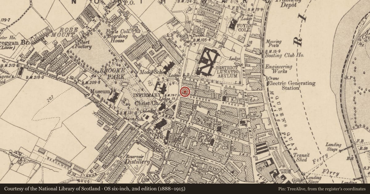 Ordnance Survey six-inch map, 2nd edition (1888–1915) covering the location of 44 Clarendon Street, Edenballymore, Derry City and Strabane, with a pin at the register's coordinates