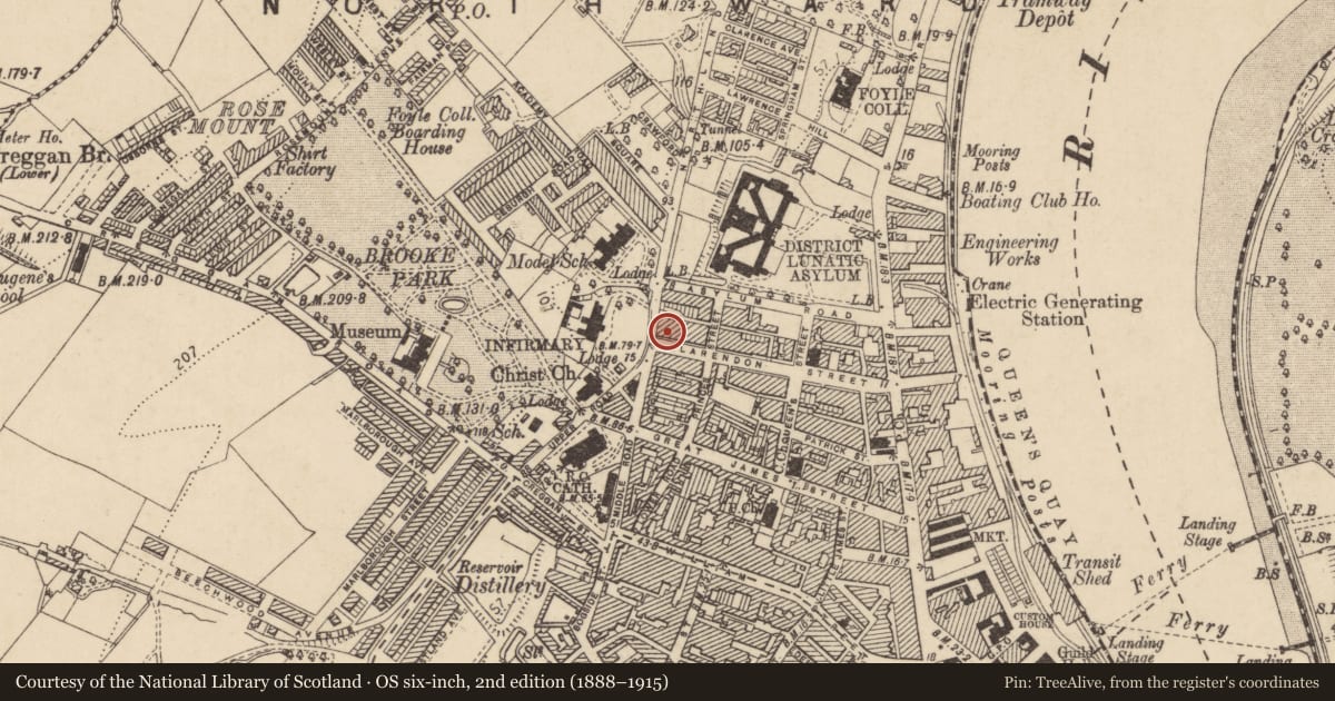Ordnance Survey six-inch map, 2nd edition (1888–1915) covering the location of 46 Clarendon Street, Edenballymore, Derry City and Strabane, with a pin at the register's coordinates