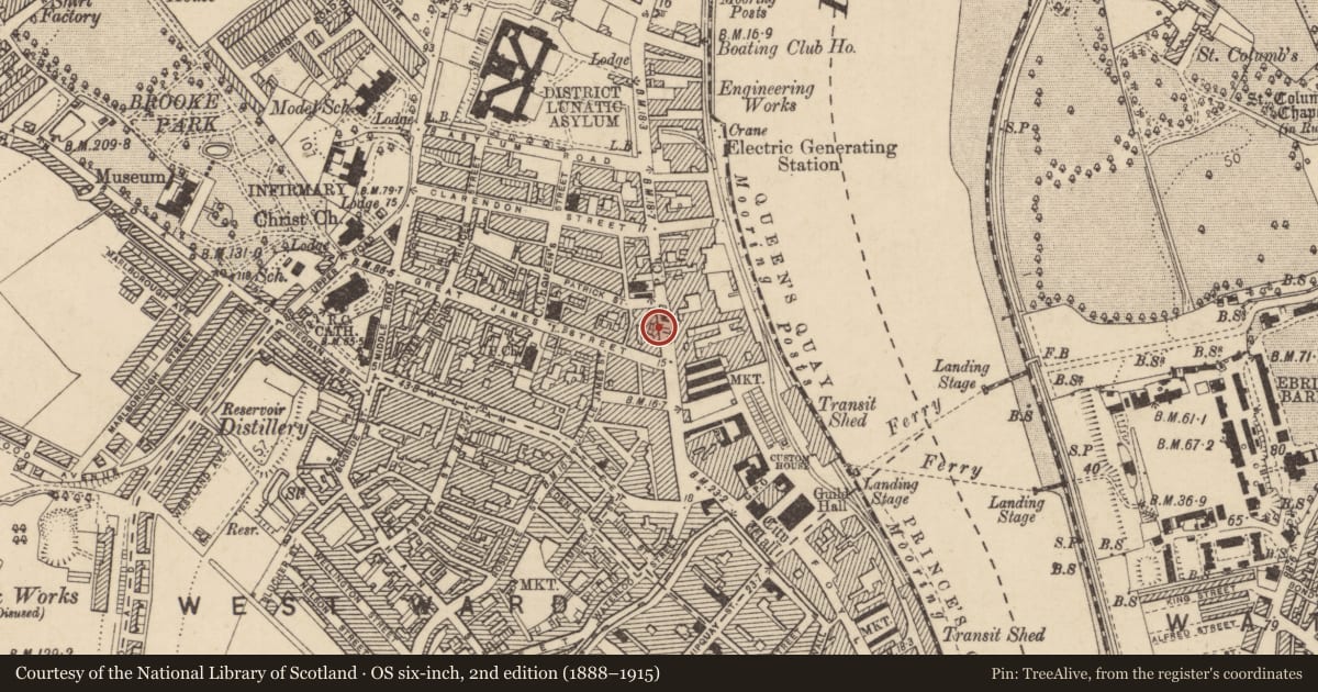 Ordnance Survey six-inch map, 2nd edition (1888–1915) covering the location of Strand Bar, Derry City and Strabane, with a pin at the register's coordinates