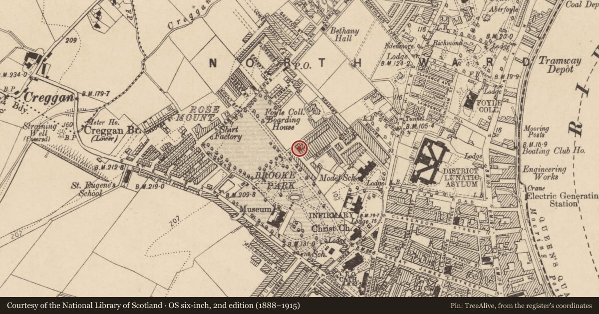 Ordnance Survey six-inch map, 2nd edition (1888–1915) covering the location of 1 De Burgh Terrace, Edenballymore, Derry City and Strabane, with a pin at the register's coordinates