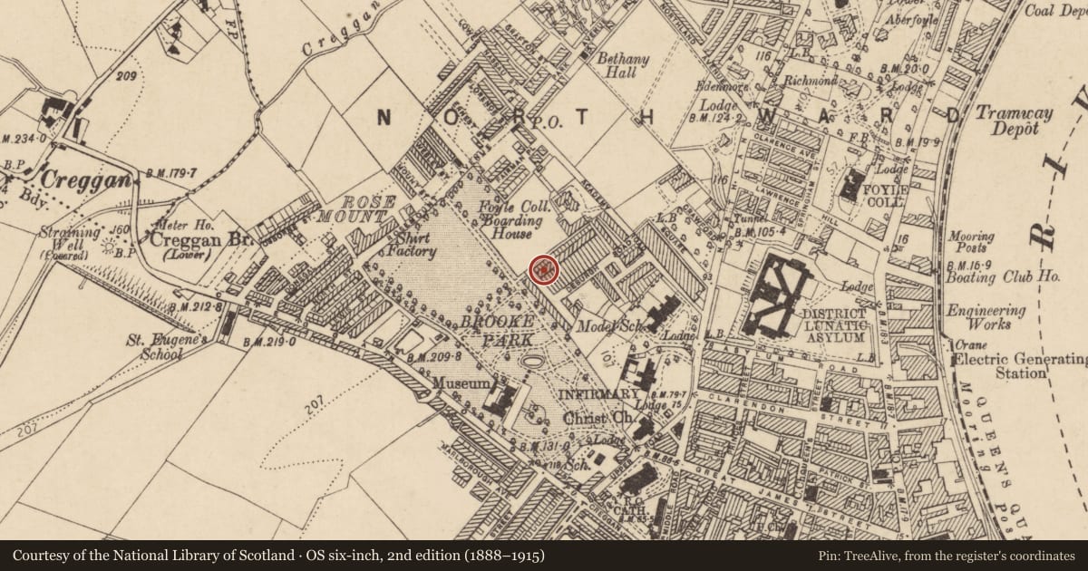Ordnance Survey six-inch map, 2nd edition (1888–1915) covering the location of 2 De Burgh Terrace, Edenballymore, Derry City and Strabane, with a pin at the register's coordinates