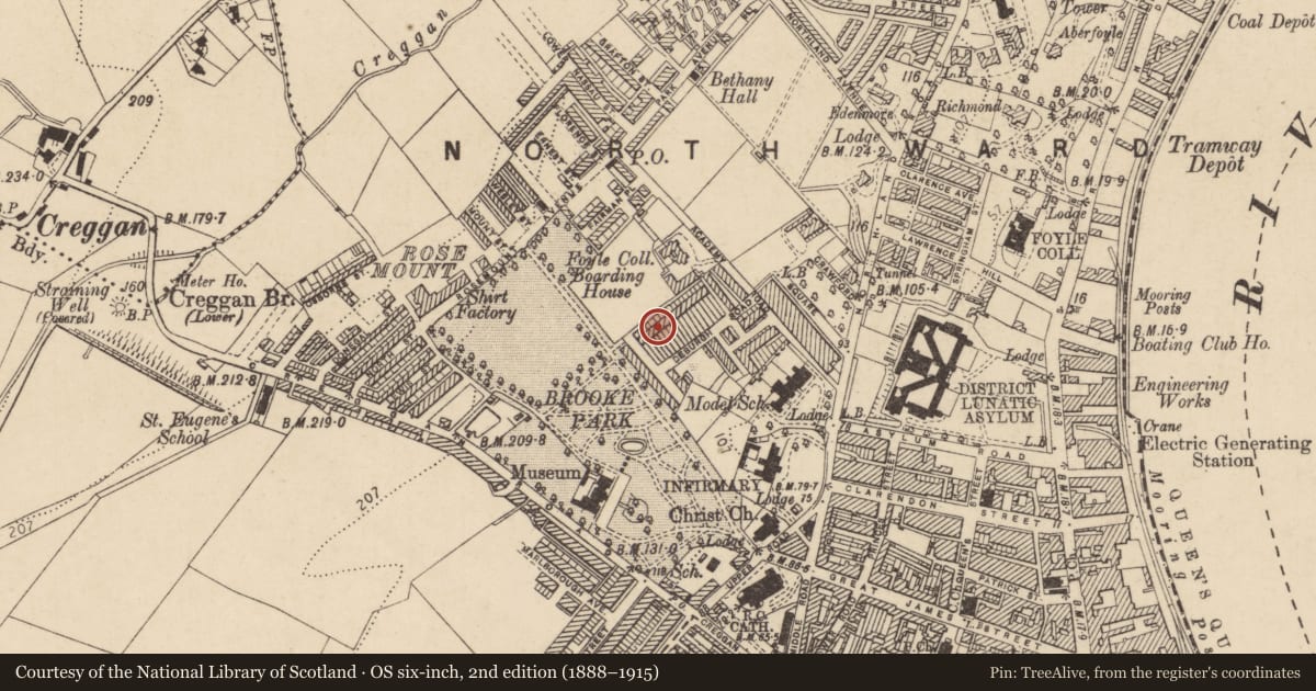Ordnance Survey six-inch map, 2nd edition (1888–1915) covering the location of 5 De Burgh Terrace, Edenballymore, Derry City and Strabane, with a pin at the register's coordinates