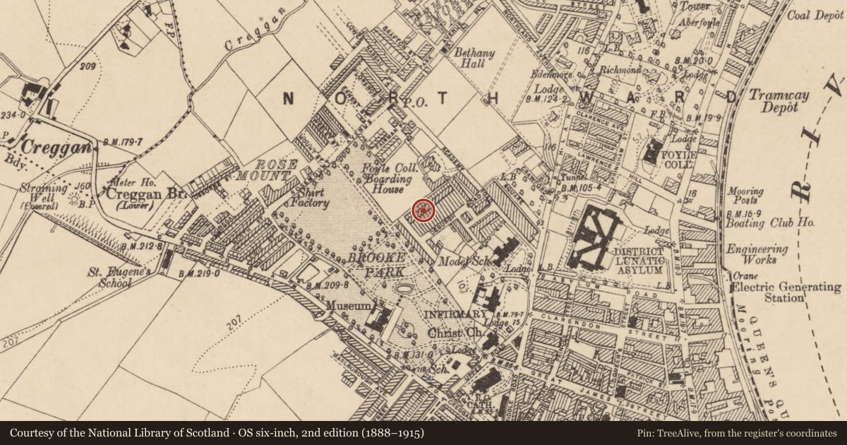 Ordnance Survey six-inch map, 2nd edition (1888–1915) covering the location of 6 De Burgh Terrace, Edenballymore, Derry City and Strabane, with a pin at the register's coordinates