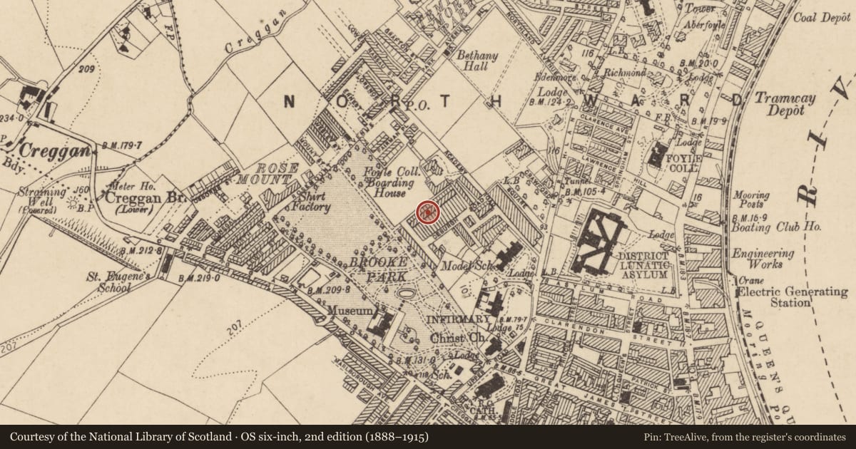 Ordnance Survey six-inch map, 2nd edition (1888–1915) covering the location of 7 De Burgh Terrace, Edenballymore, Derry City and Strabane, with a pin at the register's coordinates