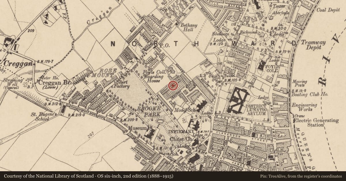 Ordnance Survey six-inch map, 2nd edition (1888–1915) covering the location of 11 De Burgh Terrace, Edenballymore, Derry City and Strabane, with a pin at the register's coordinates