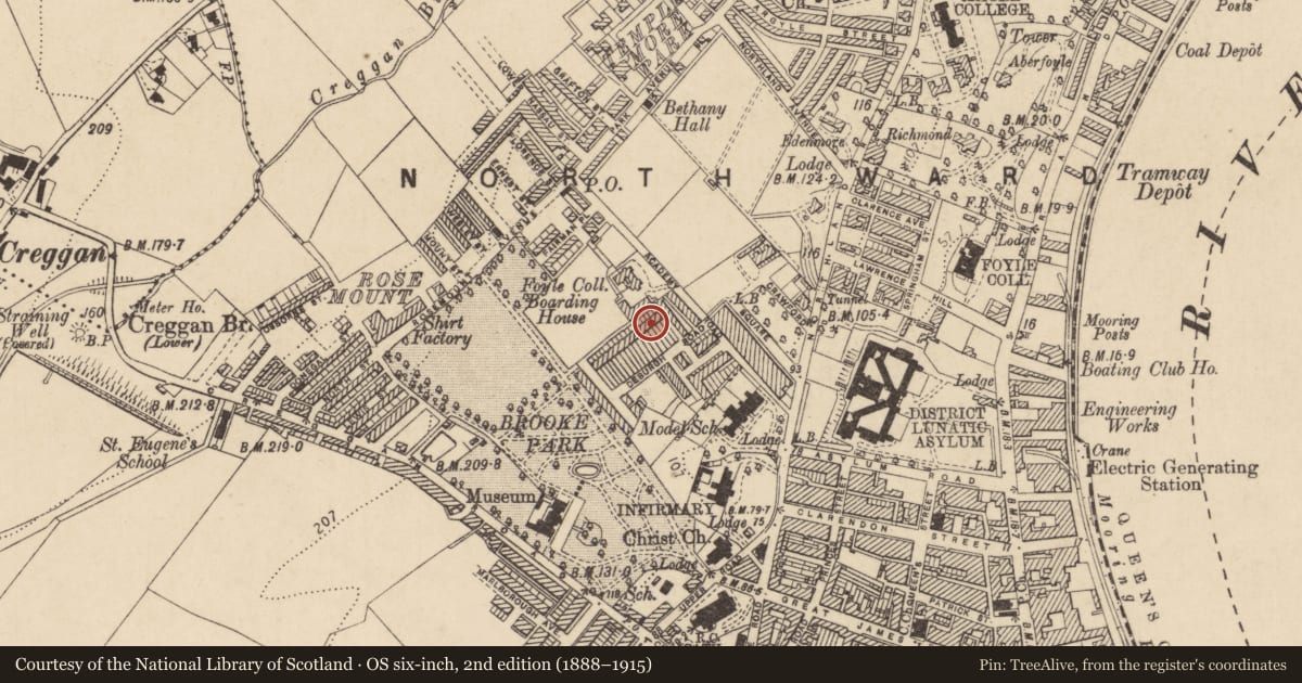 Ordnance Survey six-inch map, 2nd edition (1888–1915) covering the location of 15 De Burgh Terrace, Edenballymore, Derry City and Strabane, with a pin at the register's coordinates