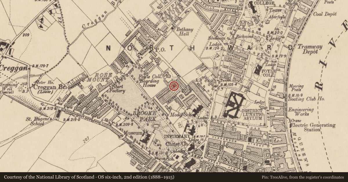Ordnance Survey six-inch map, 2nd edition (1888–1915) covering the location of 16 De Burgh Terrace, Edenballymore, Derry City and Strabane, with a pin at the register's coordinates