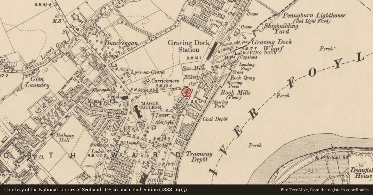 Ordnance Survey six-inch map, 2nd edition (1888–1915) covering the location of 3 College Terrace, Edenballymore, Derry City and Strabane, with a pin at the register's coordinates