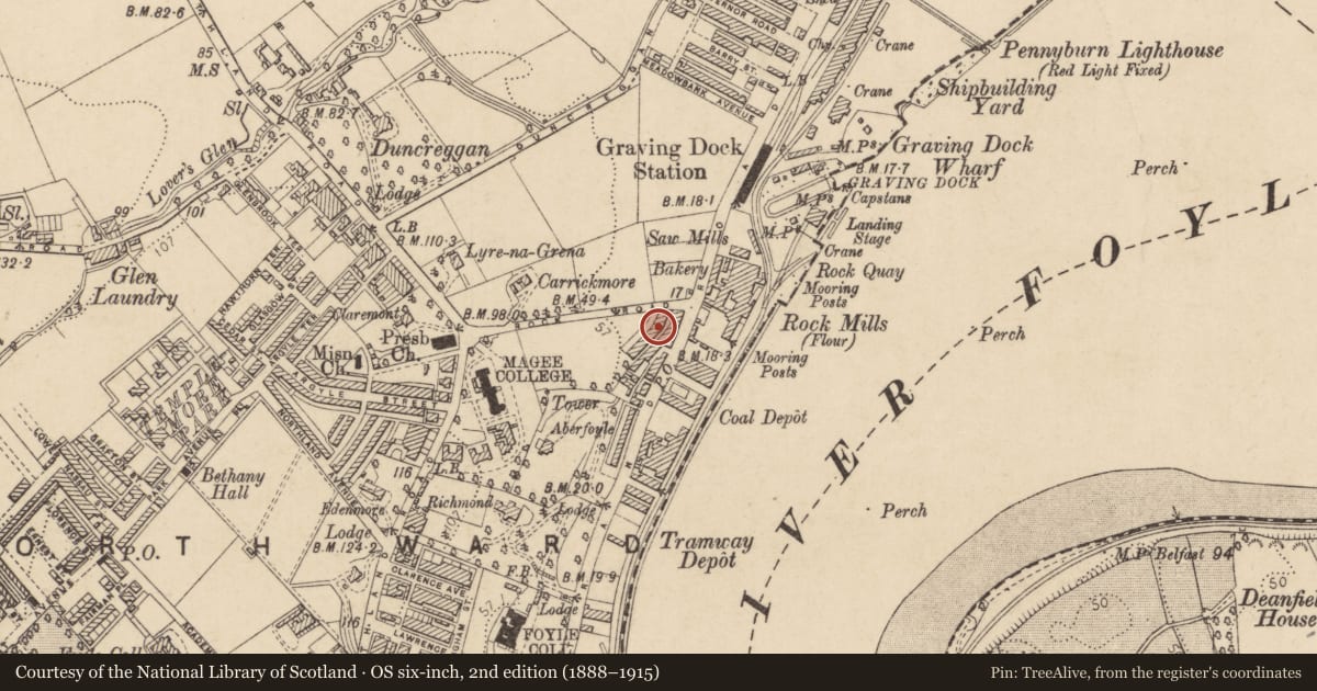 Ordnance Survey six-inch map, 2nd edition (1888–1915) covering the location of 4 College Terrace, Edenballymore, Derry City and Strabane, with a pin at the register's coordinates