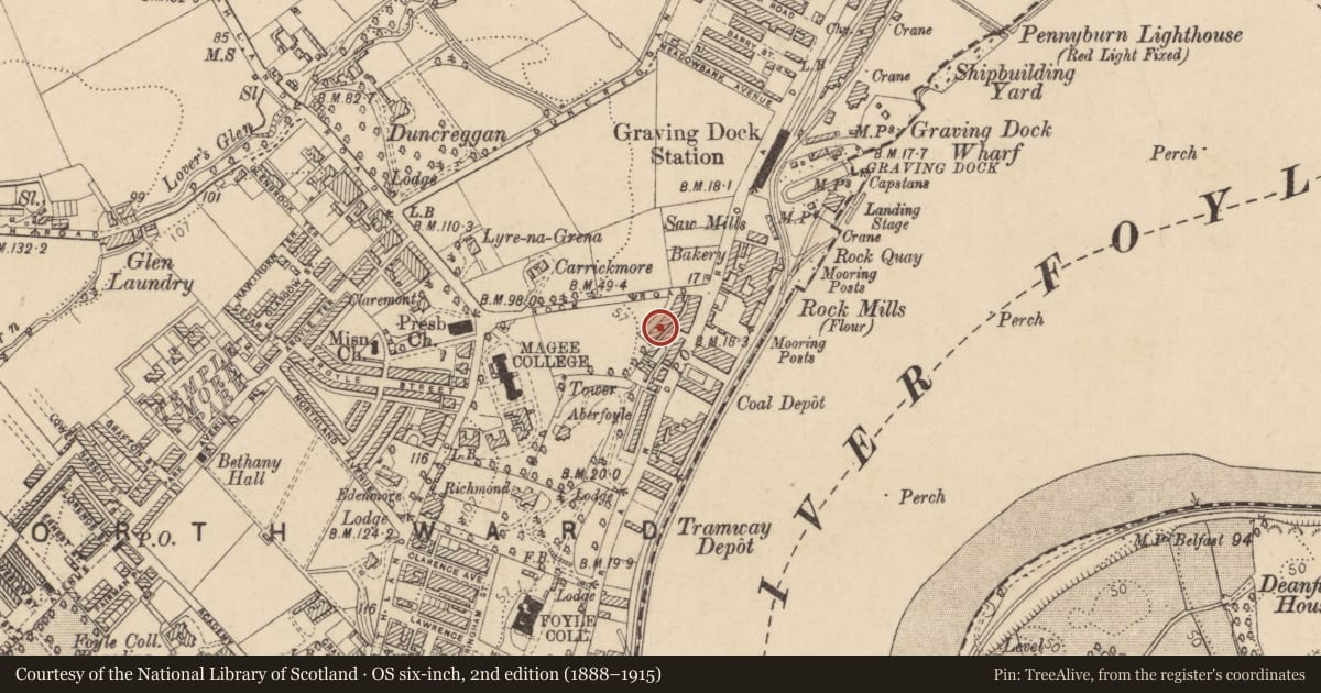 Ordnance Survey six-inch map, 2nd edition (1888–1915) covering the location of 9 College Terrace, Edenballymore, Derry City and Strabane, with a pin at the register's coordinates