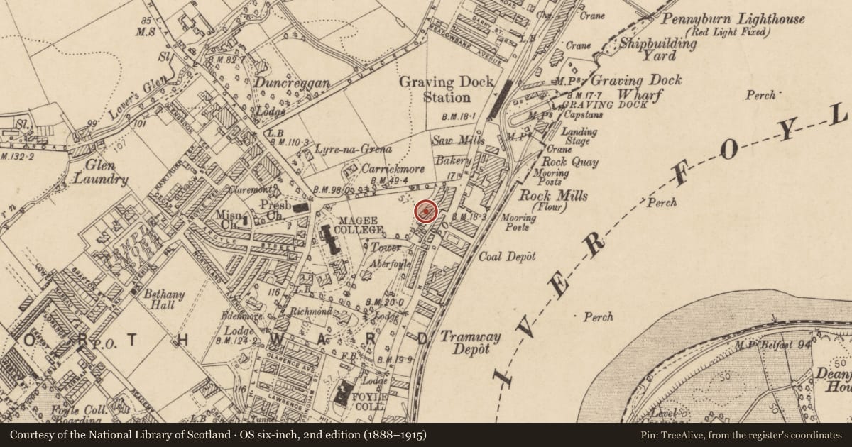 Ordnance Survey six-inch map, 2nd edition (1888–1915) covering the location of 11 College Terrace, Edenballymore, Derry City and Strabane, with a pin at the register's coordinates