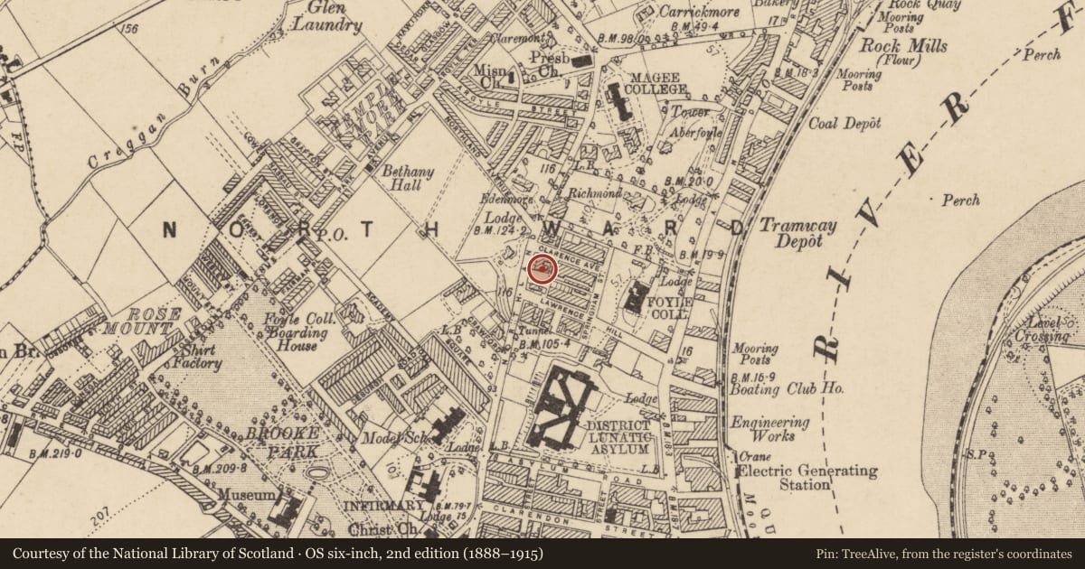 Ordnance Survey six-inch map, 2nd edition (1888–1915) covering the location of 11 Northland Road, Edenballymore, Derry City and Strabane, with a pin at the register's coordinates