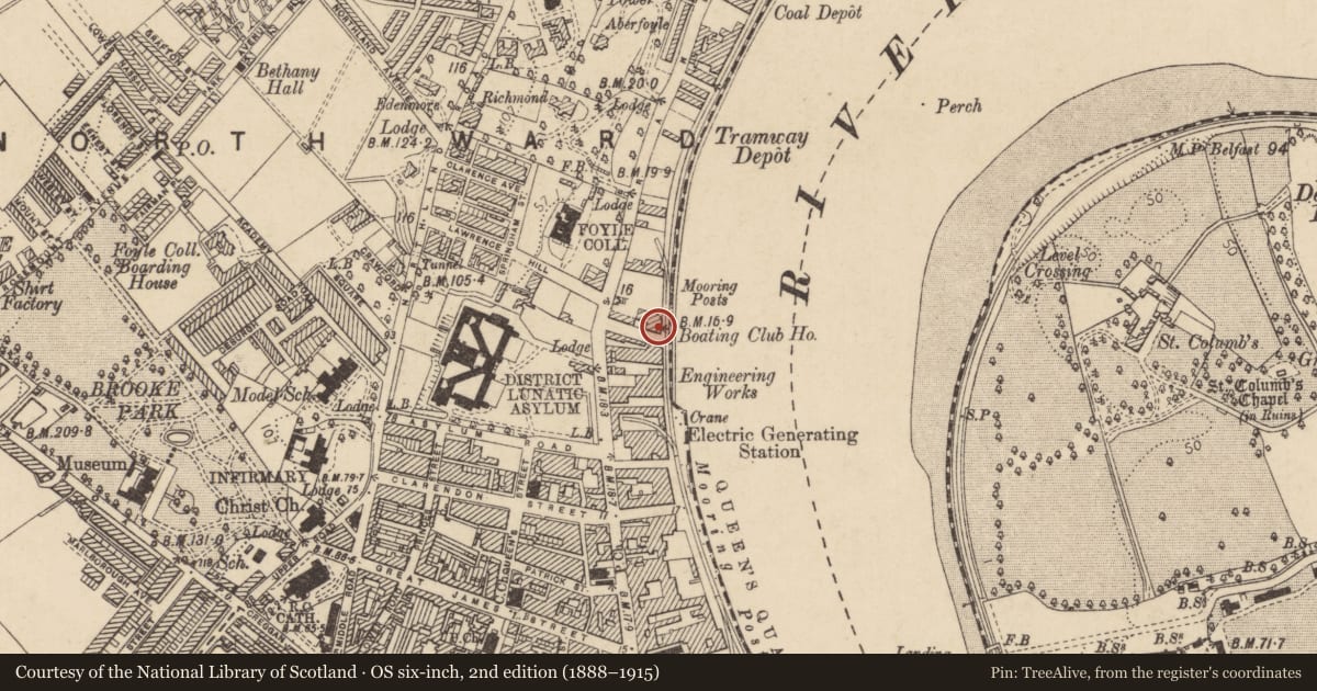 Ordnance Survey six-inch map, 2nd edition (1888–1915) covering the location of Boating Club, Edenballymore, Derry City and Strabane, with a pin at the register's coordinates