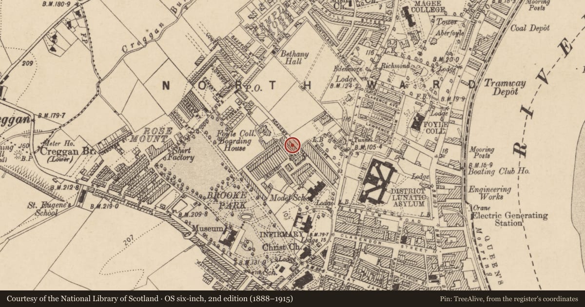 Ordnance Survey six-inch map, 2nd edition (1888–1915) covering the location of 5 Mountjoy Terrace, Derry City and Strabane, with a pin at the register's coordinates