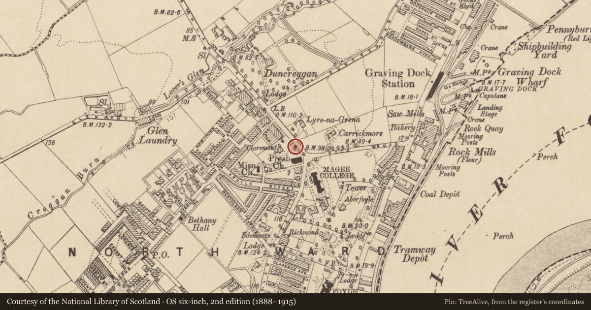 Ordnance Survey six-inch map, 2nd edition (1888–1915) covering the location of Claremont, Edenballymore, Derry City and Strabane, with a pin at the register's coordinates