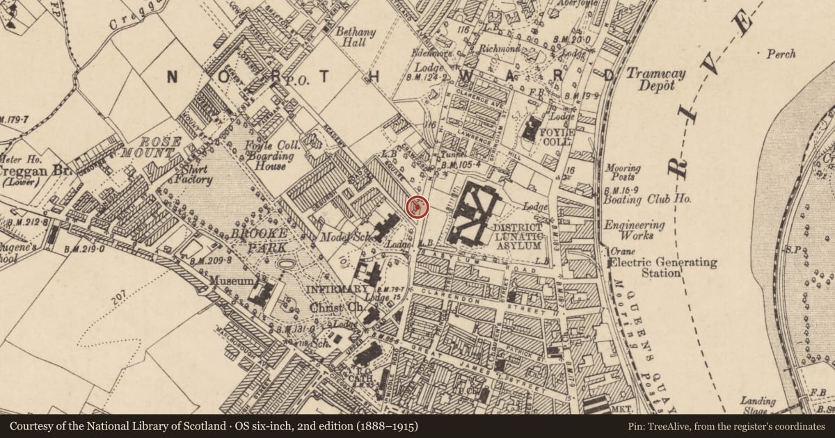 Ordnance Survey six-inch map, 2nd edition (1888–1915) covering the location of 1 Crawford Square, Edenballymore, Derry City and Strabane, with a pin at the register's coordinates