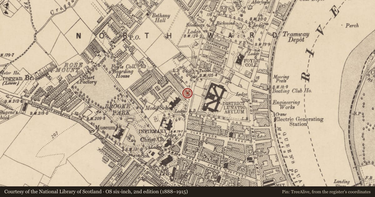 Ordnance Survey six-inch map, 2nd edition (1888–1915) covering the location of 2 Crawford Square, Londonderry, Derry City and Strabane, with a pin at the register's coordinates