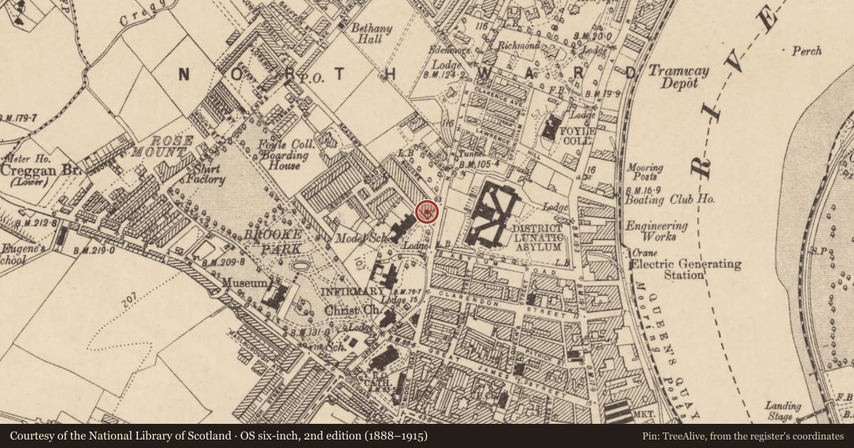 Ordnance Survey six-inch map, 2nd edition (1888–1915) covering the location of 1A Academy Road, Edenballymore, Derry City and Strabane, with a pin at the register's coordinates