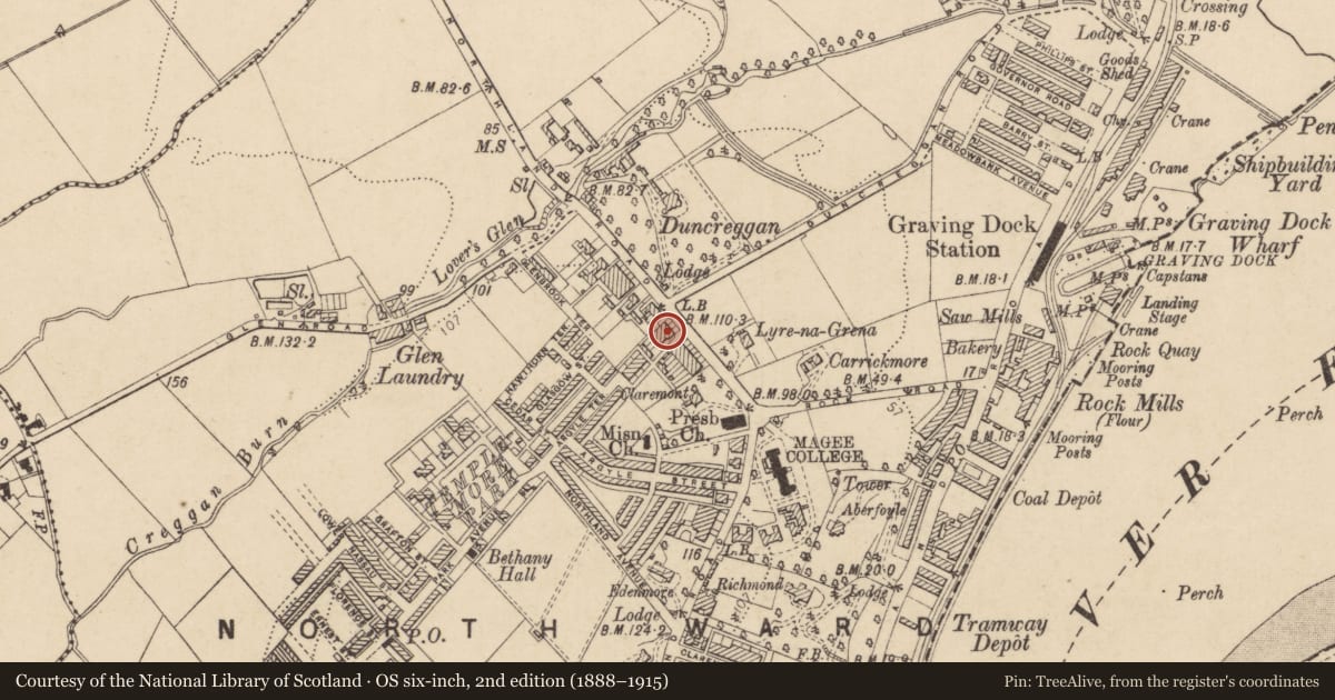 Ordnance Survey six-inch map, 2nd edition (1888–1915) covering the location of 58 Northland Road, Edenballymore, Derry City and Strabane, with a pin at the register's coordinates