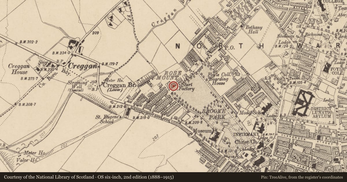 Ordnance Survey six-inch map, 2nd edition (1888–1915) covering the location of Rosemount Factory, Edenballymore, Derry City and Strabane, with a pin at the register's coordinates