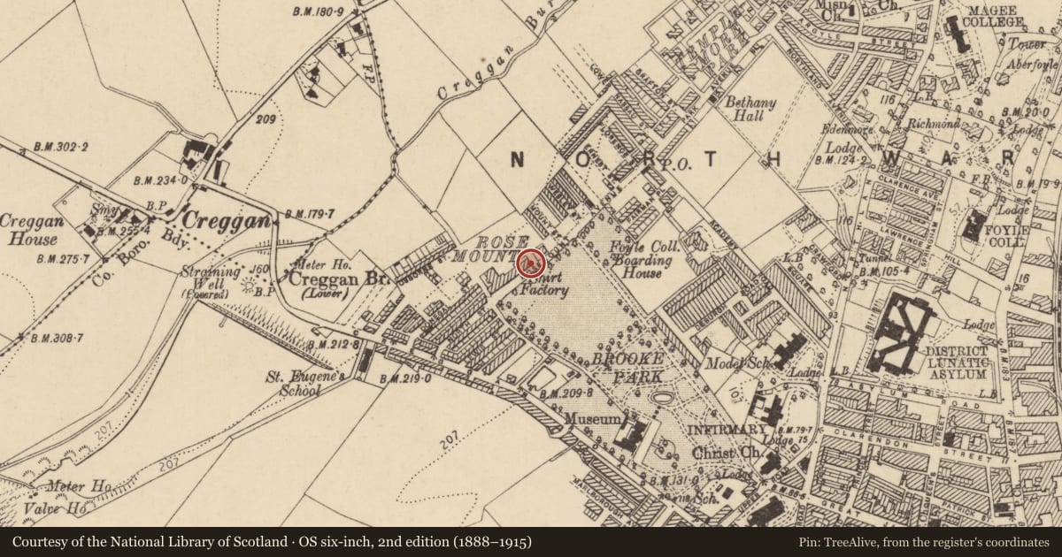 Ordnance Survey six-inch map, 2nd edition (1888–1915) covering the location of 55 Rosemount Avenue, Edenballymore, Derry City and Strabane, with a pin at the register's coordinates