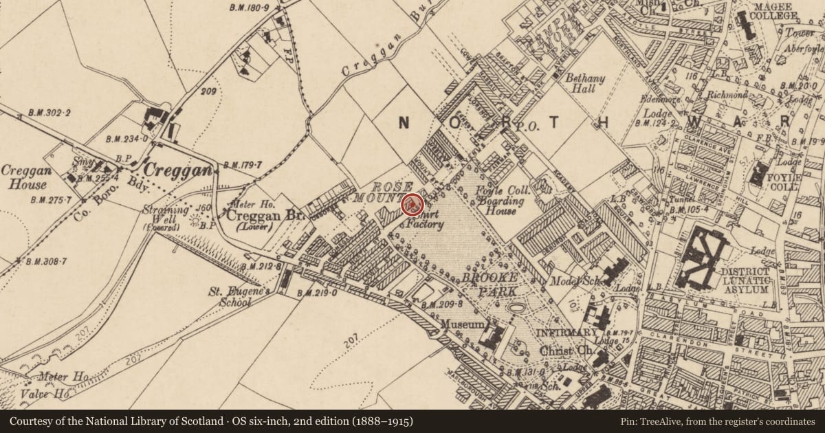 Ordnance Survey six-inch map, 2nd edition (1888–1915) covering the location of 57 Rosemount Avenue, Edenballymore, Derry City and Strabane, with a pin at the register's coordinates