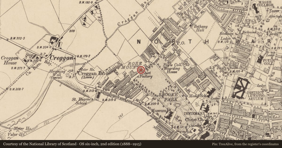 Ordnance Survey six-inch map, 2nd edition (1888–1915) covering the location of 59 Rosemount Avenue, Edenballymore, Derry City and Strabane, with a pin at the register's coordinates