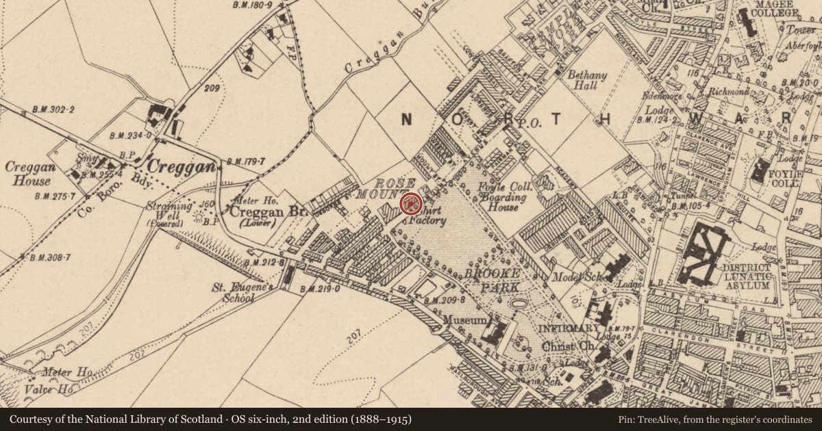 Ordnance Survey six-inch map, 2nd edition (1888–1915) covering the location of 61 Rosemount Avenue, Edenballymore, Derry City and Strabane, with a pin at the register's coordinates